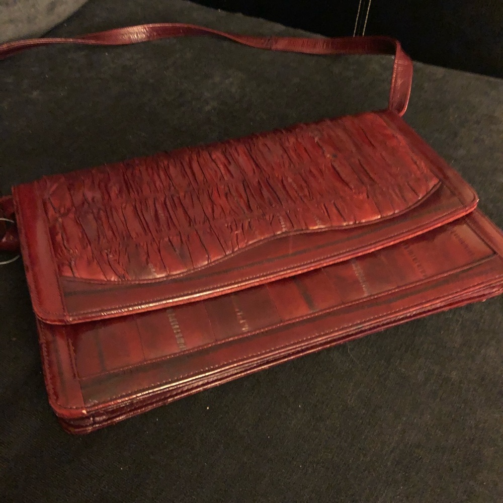 Vintage Eel Skin Leather Shoulder Bag | Cherry Brown Statement Purse - Picture 3 of 8